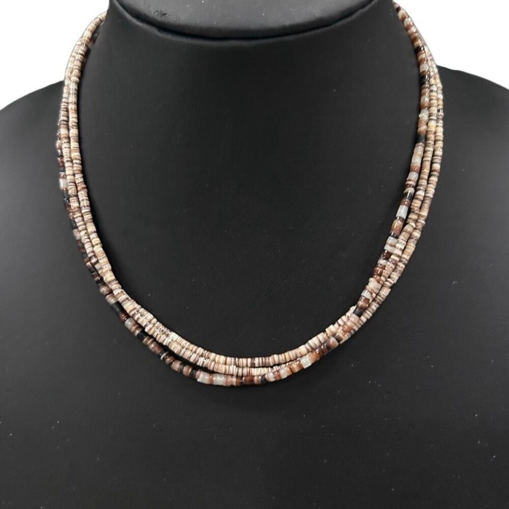 Vtg Santo Domingo Beaded Necklace 17.5" Earth-toned Heishi Beads Triple Strand